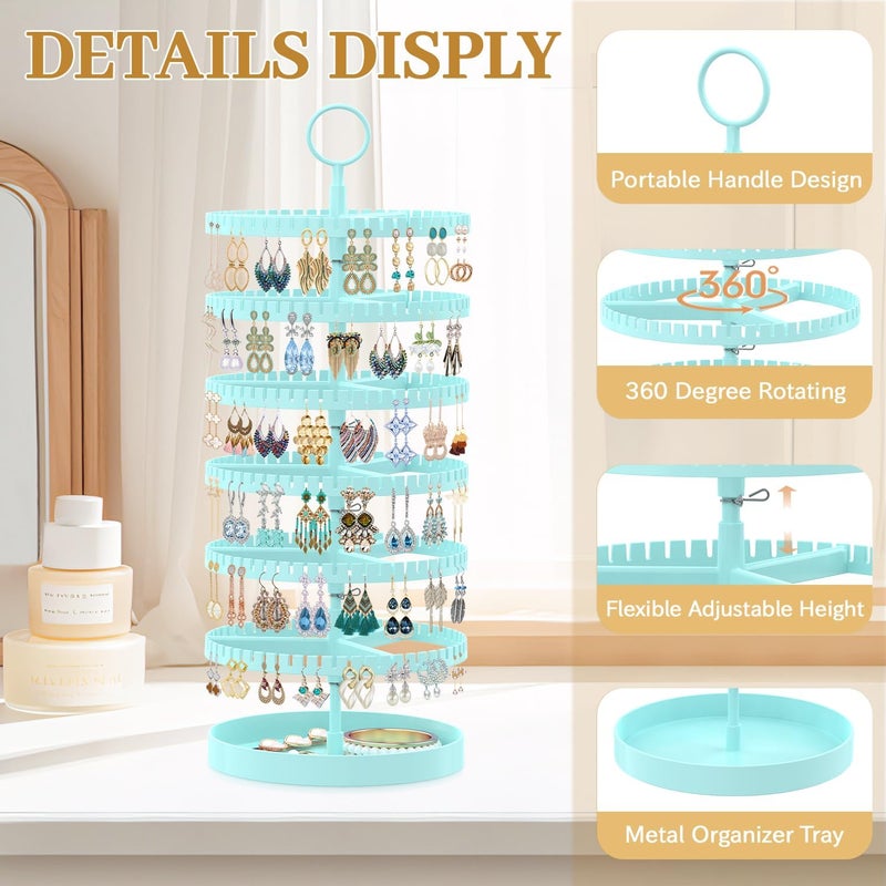 MODOWEY 6 Tier Rotating Earring Holder Organizer Display Tree with Metal Tray, Adjustable Plastic Stand with 342 Slots for Stud Hoop Hanger, Large Capacity Storage Rack for Women Space-Saving, Blue - Image 4